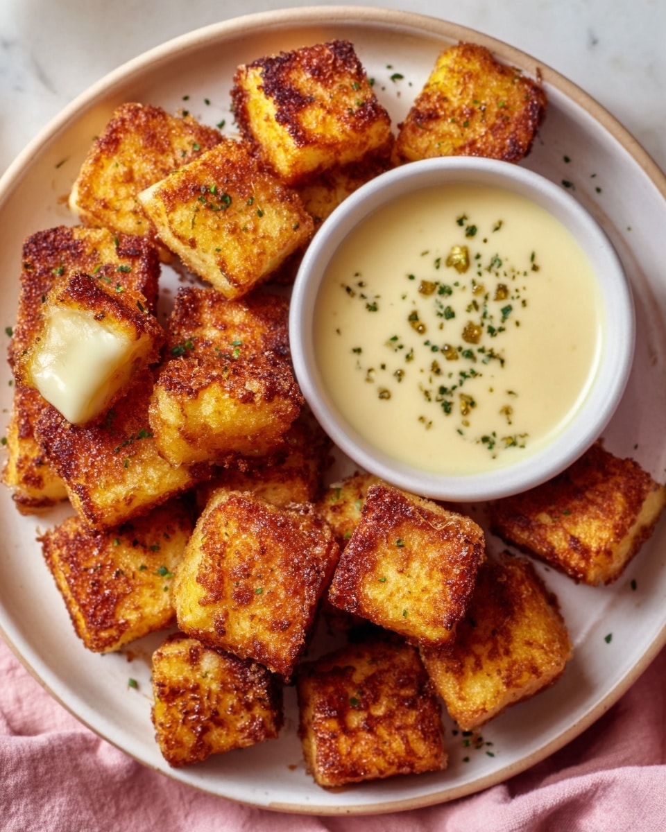 The image shows a white round plate on a white marbled surface, filled with about twelve golden brown, crispy, square-shaped bites of fried food, likely cheese or tofu, each with a crunchy texture and slightly charred edges. In the center of the plate is a small white bowl filled with creamy white sauce, garnished with finely chopped green herbs. The plate is surrounded by a soft pink cloth napkin. The overall lighting is soft, highlighting the warm tones and textures of the crispy squares and the smooth sauce. Photo taken with an iphone --ar 4:5 --v 7