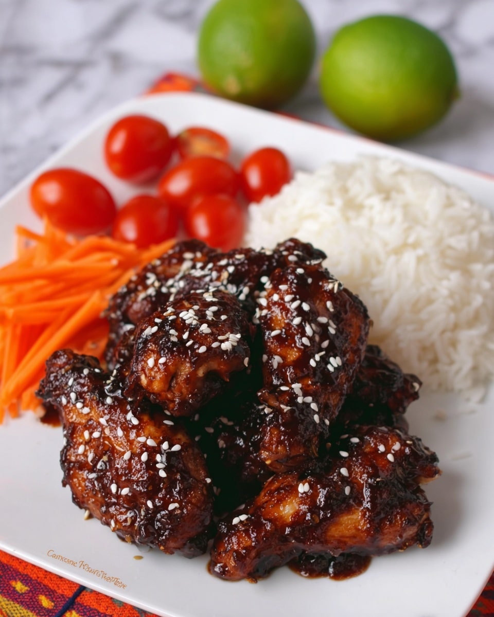 This image shows a white square plate with five main visual parts: a pile of sticky dark brown chicken wings coated in shiny sauce and sprinkled with white sesame seeds on the right, on the left side a small mound of white rice with visible grains, fresh bright orange carrot strips placed in front of the rice, several red cherry tomatoes and two lime halves behind the chicken, all arranged on a white marbled surface in the background. Photo taken with an iphone --ar 4:5 --v 7