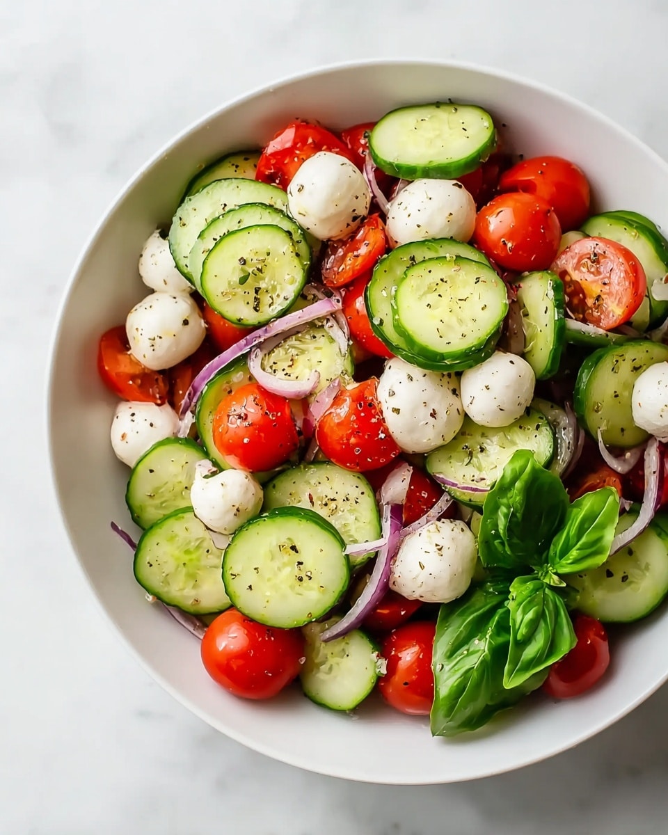A fresh salad in a white bowl features three main layers: round cucumber slices with dark green skin and light green insides spread evenly, bright red halved cherry tomatoes scattered throughout, and small white mozzarella balls dotted around. Thin strips of purple onion are mixed in between, adding a light contrast. The salad is sprinkled with black pepper and garnished with a fresh green basil leaf on the side. The bowl sits on a white marbled surface. photo taken with an iphone --ar 4:5 --v 7