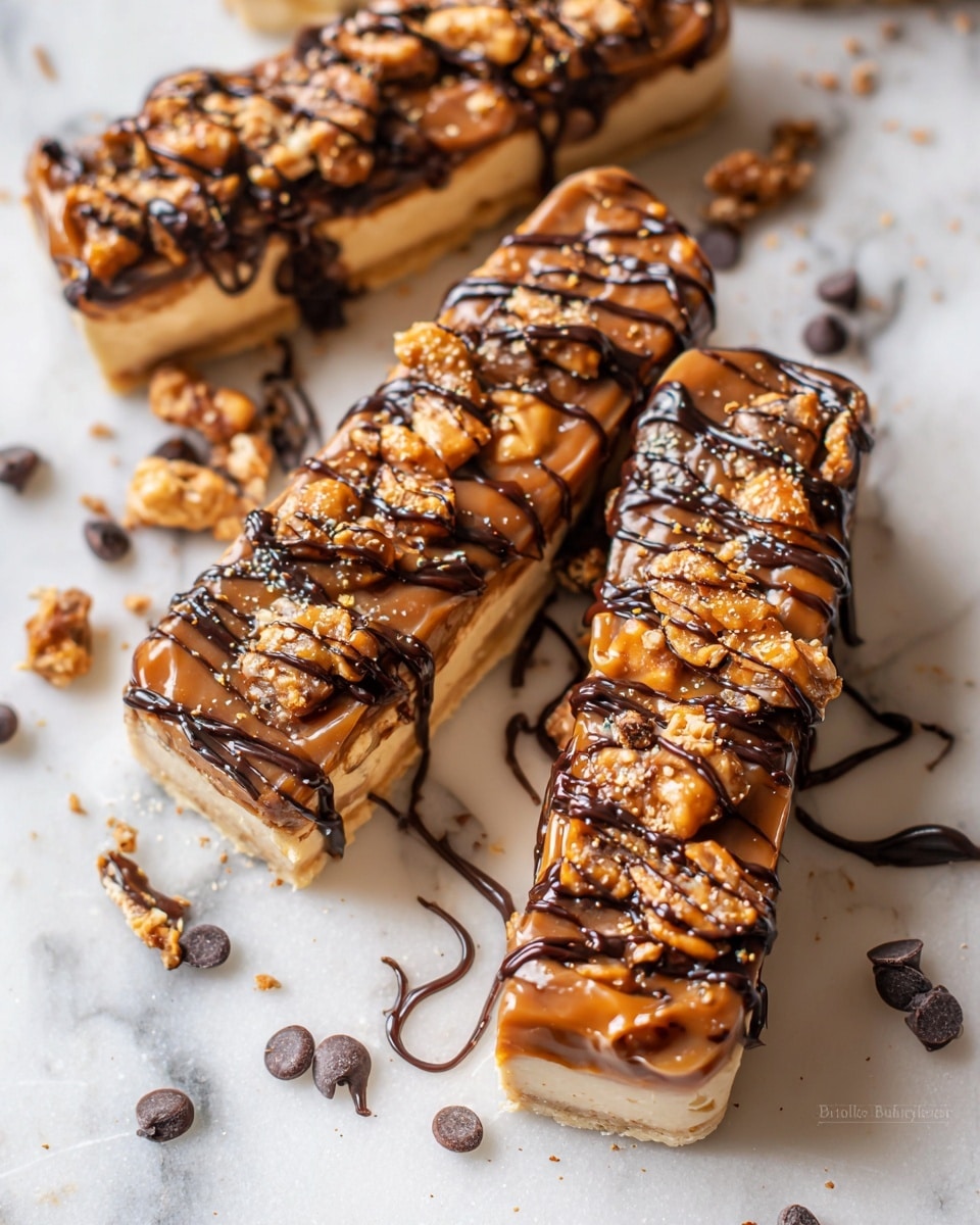 The image shows several rectangular pieces of a dessert placed on a white marbled surface. Each piece has a base layer that looks light and soft, resembling a pale cookie or biscuit. On top is a thick caramel-colored layer, smooth and glossy, spread evenly. Dark chocolate is drizzled in thin, uneven lines over the caramel layer, adding texture and contrast. There are also small pieces of crushed nuts scattered on top, giving a rough and crunchy look. A few dark chocolate chips are scattered around the dessert pieces, adding to the scene’s depth. photo taken with an iphone --ar 4:5 --v 7