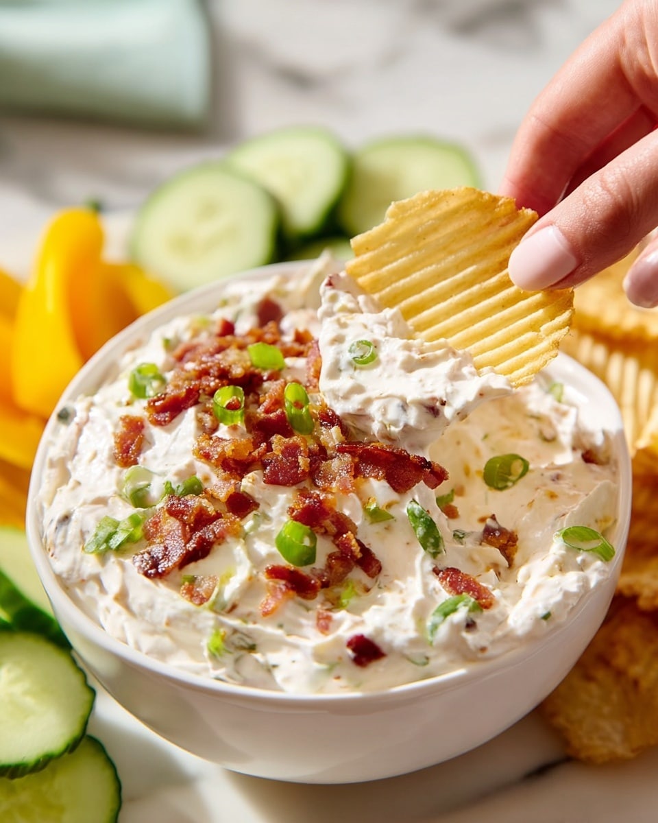 The image shows a white bowl filled with thick, creamy dip that is white with small bits of herbs mixed in. The dip is topped with small pieces of crispy bacon that are reddish-brown and slices of fresh green onions. A large ridged potato chip covered with the dip, bacon bits, and green onion slices is held by a woman's hand in the top right corner. Around the bowl, there are cut pieces of cucumber, mini yellow bell pepper, and more ridged potato chips on a white marbled surface. The overall scene is bright and close-up, highlighting the texture of the dip and toppings. photo taken with an iphone --ar 4:5 --v 7