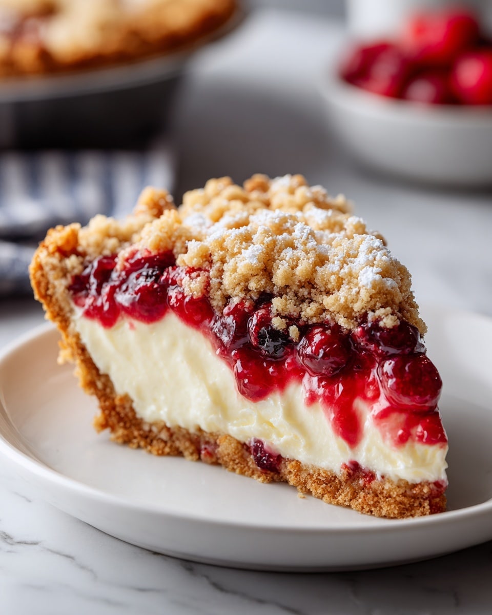 A slice of pie is shown on a white plate, placed on a white marbled surface. The pie has three visible layers: a golden brown crust at the bottom, a thick creamy white layer in the middle mixed with whole and crushed red berries, and a top layer of bright red berry filling with a crumbly golden streusel sprinkled with white powdered sugar. The edges of the crust are crimped and slightly browned, and the berry filling looks glossy and juicy. In the background, a tray with more pie and a white bowl with red berries are softly out of focus. Photo taken with an iphone --ar 4:5 --v 7