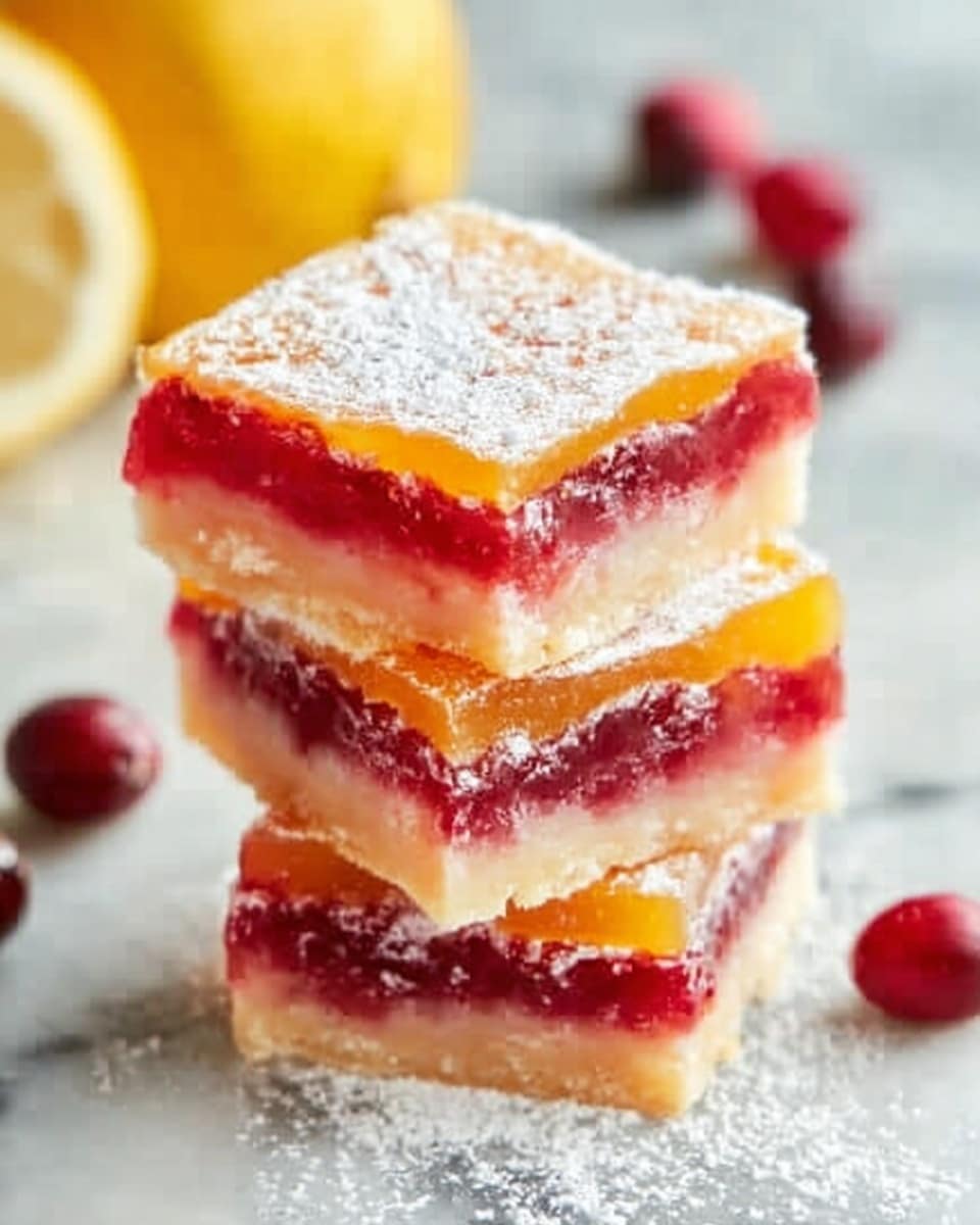 The image shows a stack of three square layered dessert bars on a white marbled surface. Each bar has three visible layers: the bottom and top layers are golden-yellow with a slightly crumbly texture, while the middle layer is bright red and looks like a thick, jammy filling. The top of the bars is dusted with a light layer of white powdered sugar, adding a soft texture. Nearby, there is a sliced half lemon with a pale yellow color and some dark red cranberries scattered around. The overall look is fresh and colorful, with a focus on the bright yellow and red layers. Photo taken with an iphone --ar 4:5 --v 7