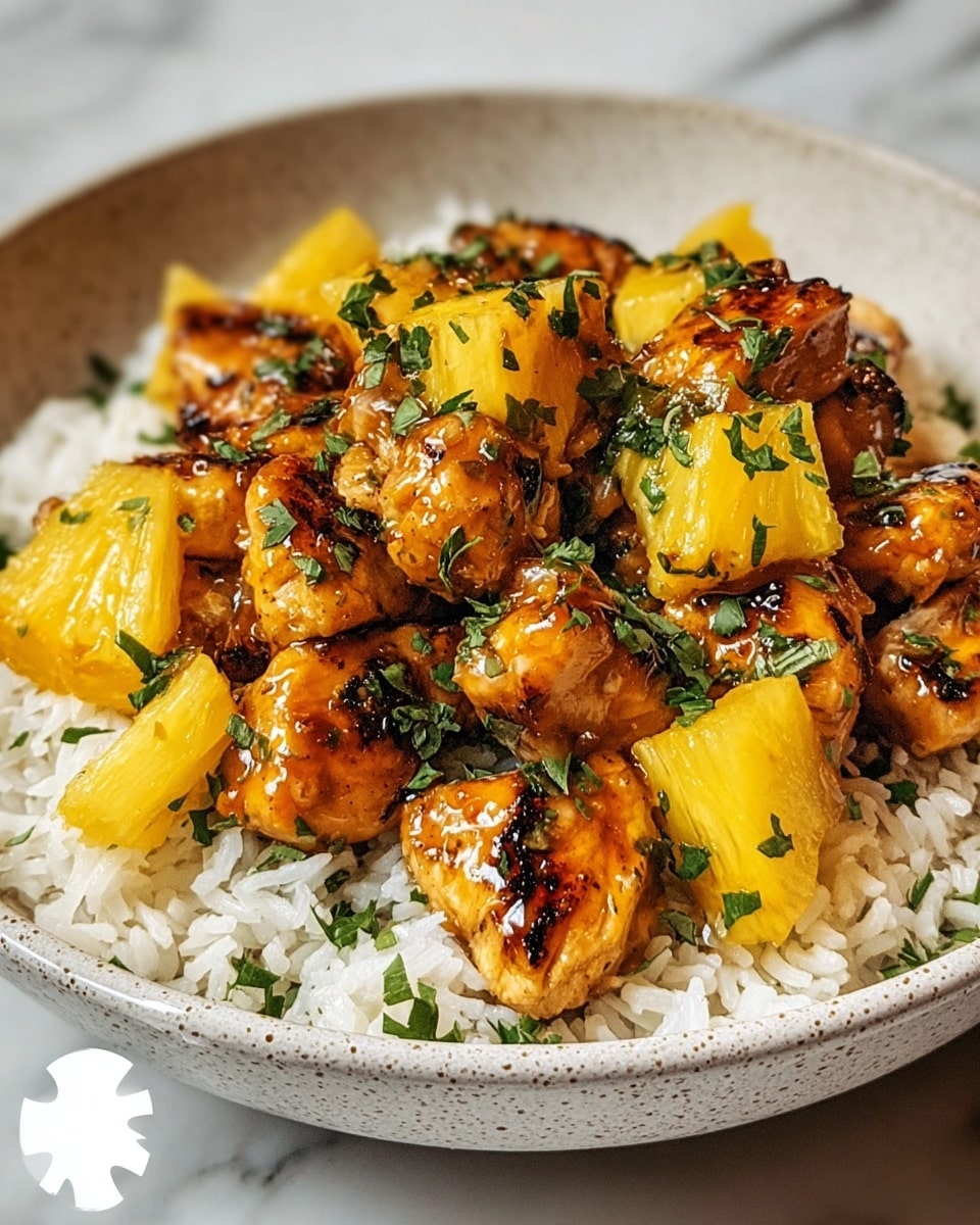The dish shows a bowl with a base layer of white rice, fluffy and separate, filling the bowl evenly. On top of the rice, there is a layer of golden-brown grilled chicken pieces glazed with a shiny, sticky sauce, some pieces showing a slight char for texture. Interspersed with the chicken are bright yellow pineapple chunks, juicy and fresh, adding a pop of color. The dish is finished with scattered finely chopped green herbs, adding freshness and contrast to the warm tones. The bowl is white, set against a white marbled surface. photo taken with an iphone --ar 4:5 --v 7