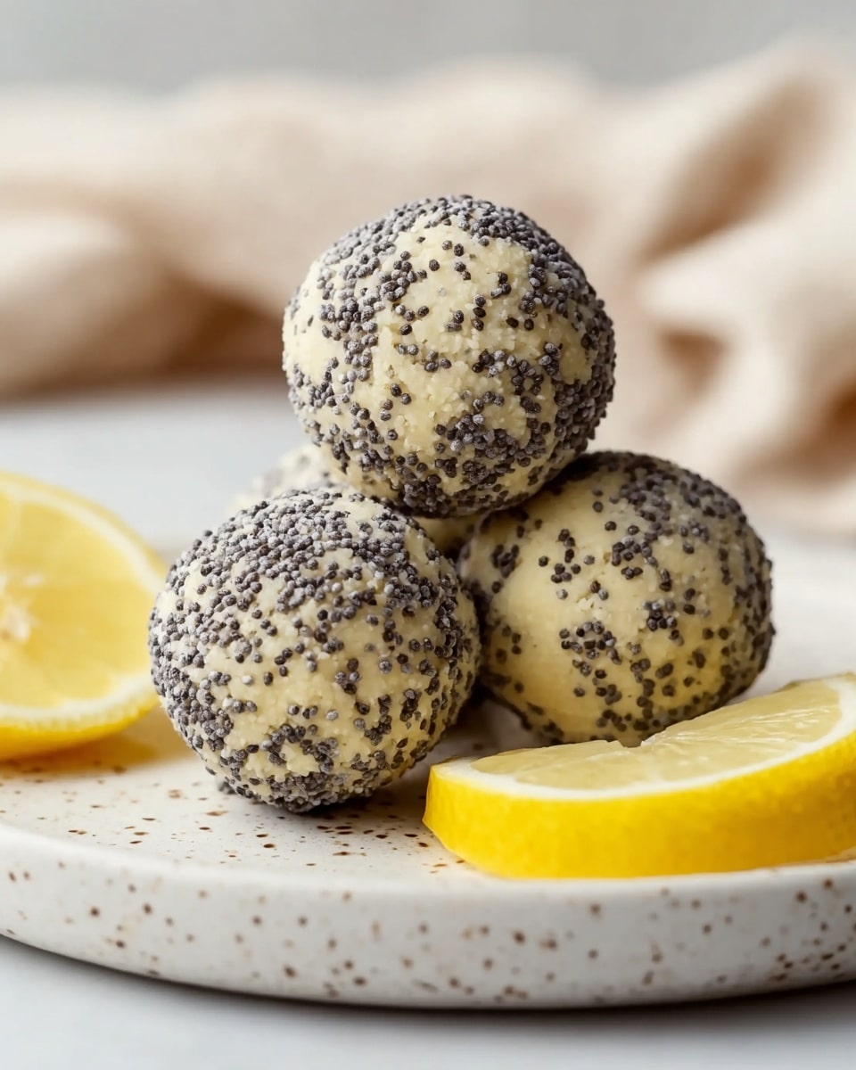 A close-up view of four round lemon poppy seed balls stacked inside a white speckled bowl, each ball showing a pale yellow base dotted with many small black poppy seeds, with a few fresh lemon wedges placed beside them. The background is soft and blurred with a white marbled texture surface underneath. Photo taken with an iphone --ar 4:5 --v 7