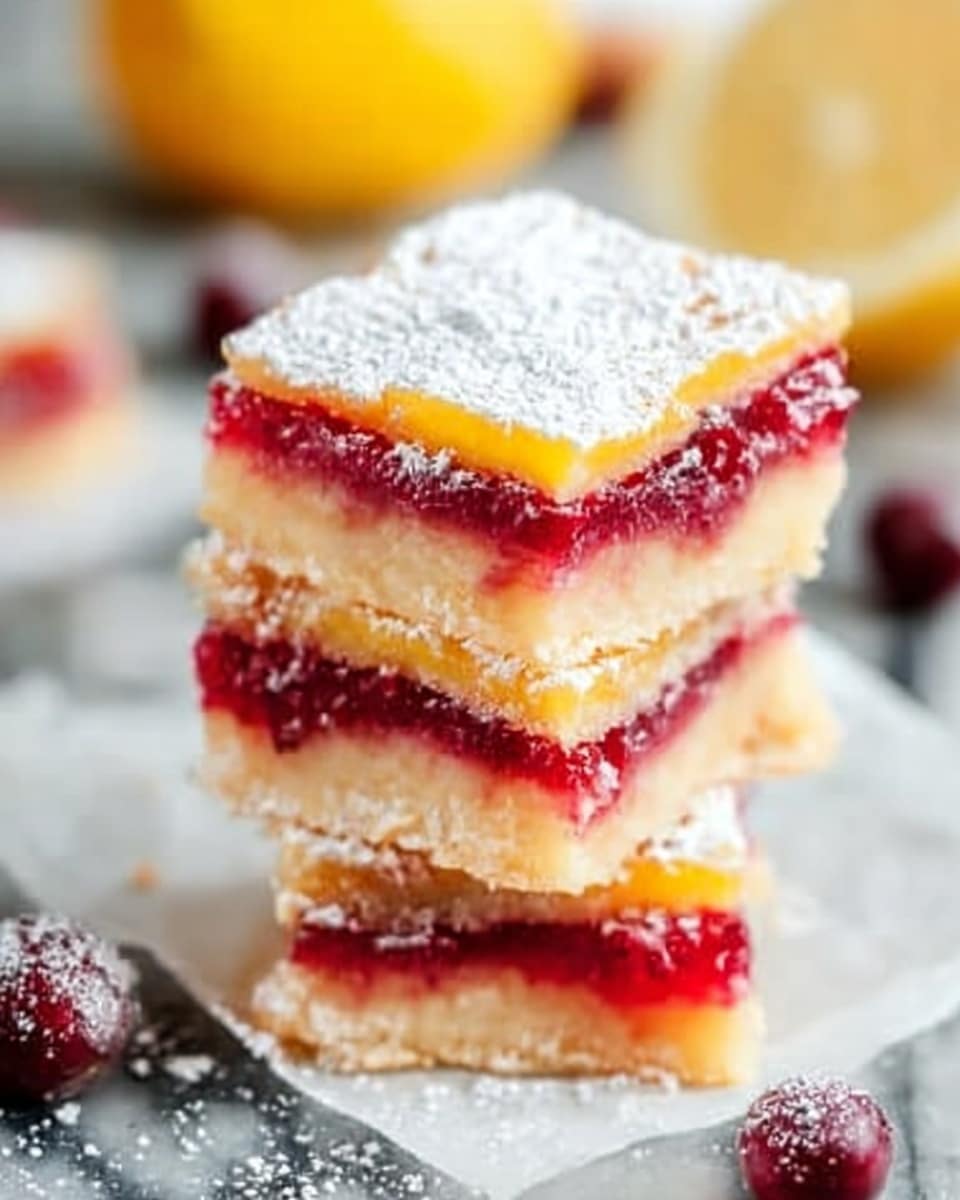 A white parchment square holds a stack of three square dessert bars, each with three visible layers: a light golden bottom crust, a bright red fruit layer in the middle, and a slightly translucent, pale yellow top layer dusted with a white powdered sugar. The bars have sharp edges and a soft, moist texture, and the top bar is slightly off-center. On the white marbled background around the stack, there are a few scattered dark red cranberries and a half lemon showing its bright yellow inside. The scene is softly lit, highlighting the texture and color contrast of the layers. Photo taken with an iphone --ar 4:5 --v 7