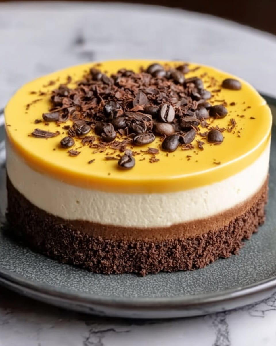 The image shows a round dessert with three clear layers sitting on a white marbled surface. The bottom layer is dark brown and crumbly, looking like crushed chocolate cookies or cake. The middle layer is thick, smooth, and creamy, light beige in color, probably a mousse or cheesecake. The top layer is thin, glossy, and a golden caramel color, giving a shiny finish. On top, there is a small pile of chocolate shavings and whole coffee beans arranged in the center. The dessert is on a white plate with a slightly speckled texture. Photo taken with an iphone --ar 4:5 --v 7