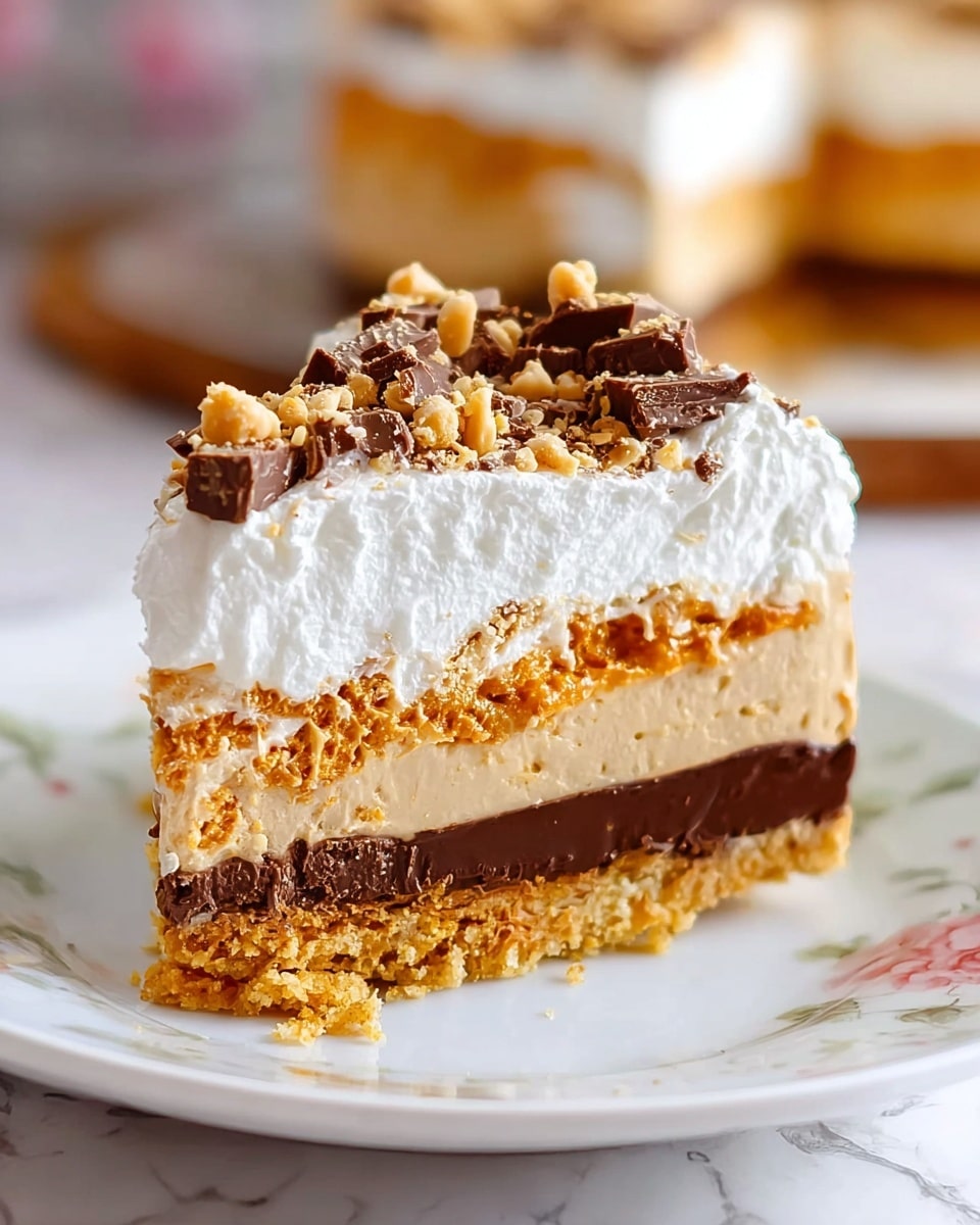 A slice of a layered dessert is shown on a white plate with a subtle floral design, placed on a white marbled surface. The dessert has four layers: the bottom layer is a crumbly, golden-brown crust with a rough texture; above it is a thin, smooth dark chocolate layer; the third layer is thick, creamy, and light beige, resembling peanut butter mousse; the top layer is fluffy and white whipped cream, topped with small chunks of chocolate and crushed nuts scattered on the surface. In the background, the whole dessert is slightly blurred but visible. Photo taken with an iphone --ar 4:5 --v 7
