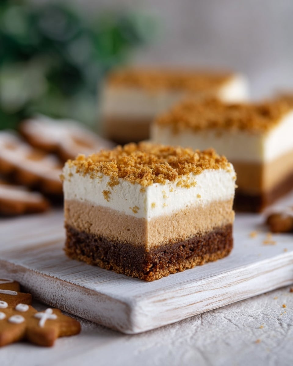The image shows a close-up of a three-layered dessert slice placed on a white wooden board with a white marbled background. The bottom layer is a dark brown crumbly crust, the middle layer is a thick light brown creamy filling with a smooth and slightly porous texture, and the top layer is a thinner white cream topped with a sprinkle of fine brown crumbs covering the surface. Nearby, there are gingerbread cookies partially visible, complementing the dessert. Photo taken with an iphone --ar 4:5 --v 7