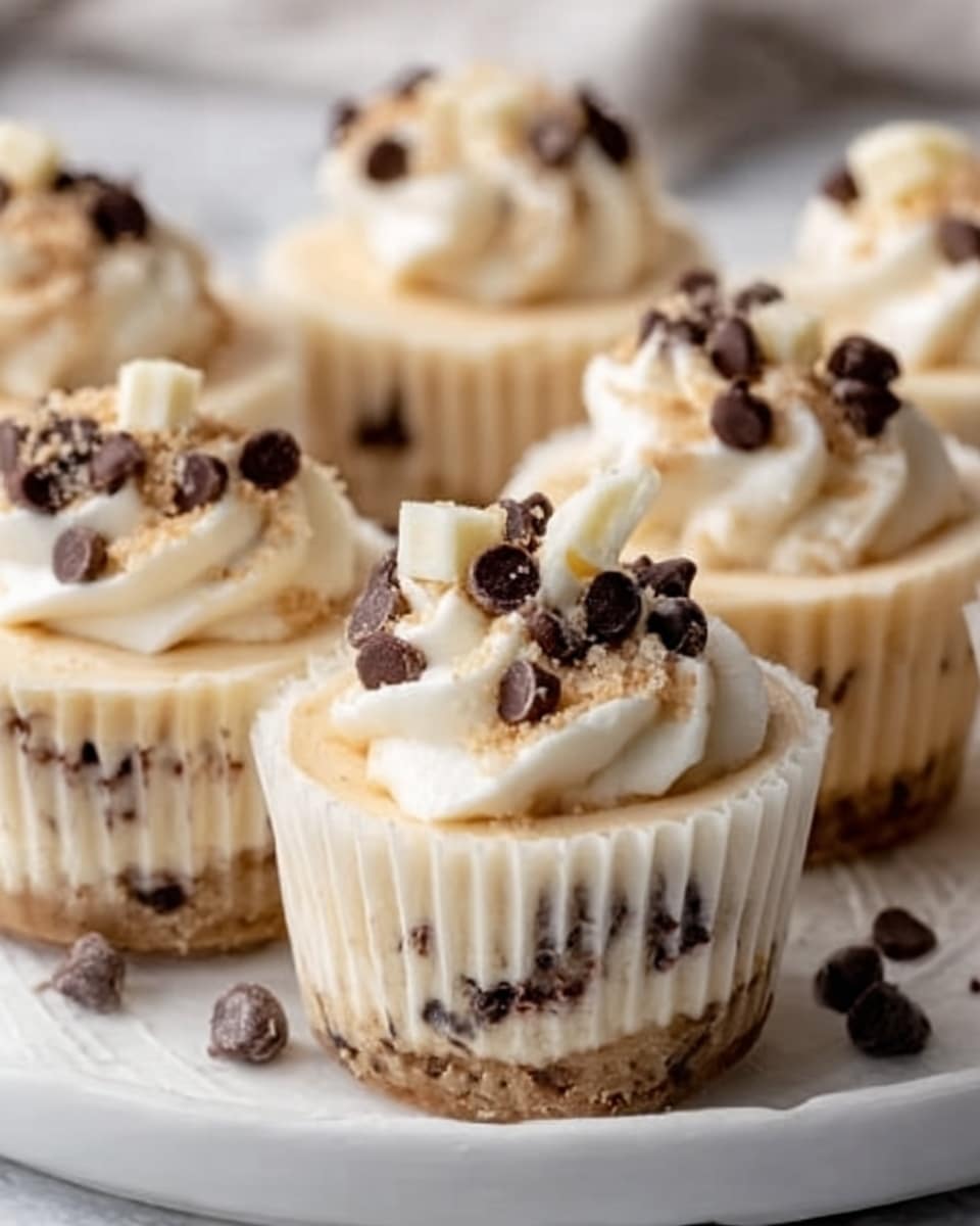The image shows small cheesecake bites arranged on a white plate with a white marbled surface underneath. Each cheesecake bite has two distinct layers: a bottom cream-colored layer with visible chocolate chips embedded inside and a thick, smooth white creamy top layer. The top layer is decorated with small dark chocolate chips and sprinkled with light beige crumbles. The cheesecakes are round and bite-sized, neatly placed close to each other. Photo taken with an iphone --ar 4:5 --v 7