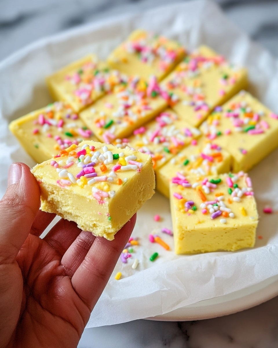 A close-up view of a square piece of light yellow fudge with a soft, slightly crumbly texture, decorated with small, colorful sprinkles in pink, green, yellow, white, and red scattered across the surface. The fudge is one layer thick, neatly cut into smaller squares, resting on white parchment paper that lines a white plate with a shiny look. A woman's hand holds one piece in the foreground, showing the thickness and texture clearly against the white marbled surface background. Photo taken with an iphone --ar 4:5 --v 7