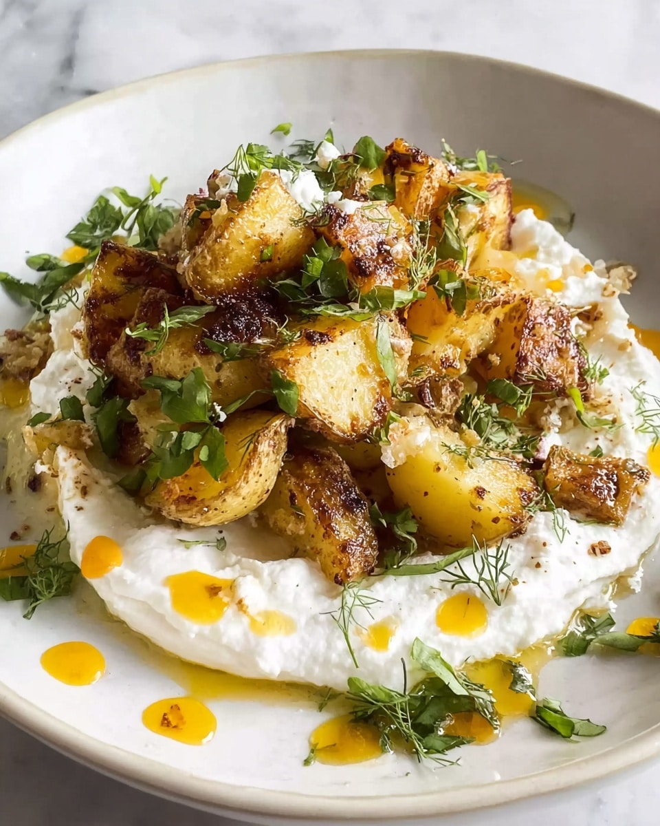 A white plate holds a dish with a base layer of soft, white creamy sauce spread evenly across the bottom with slight swirls of golden oil and red chili flakes on top. On top of this creamy layer is a pile of small, golden-brown roasted potatoes with a crispy, textured surface. The potatoes are mixed with small green leaves and sprigs of fresh herbs, scattered generously over the dish, adding a fresh green color. The entire scene rests on a white marbled surface. photo taken with an iphone --ar 4:5 --v 7