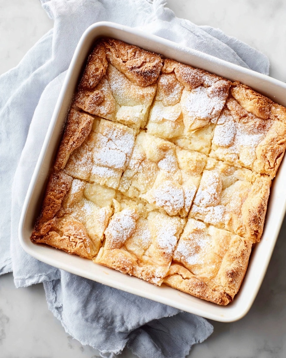 A square white baking dish holds a baked dessert cut into nine square pieces. The top layer is a golden-brown crust that looks flaky and slightly cracked, with a light dusting of powdered sugar evenly spread over the surface. The crust edges are thicker and crispier, while the inside squares show a softer texture beneath the crust. The baking dish is on a light blue cloth, set on a white marbled surface. photo taken with an iphone --ar 4:5 --v 7