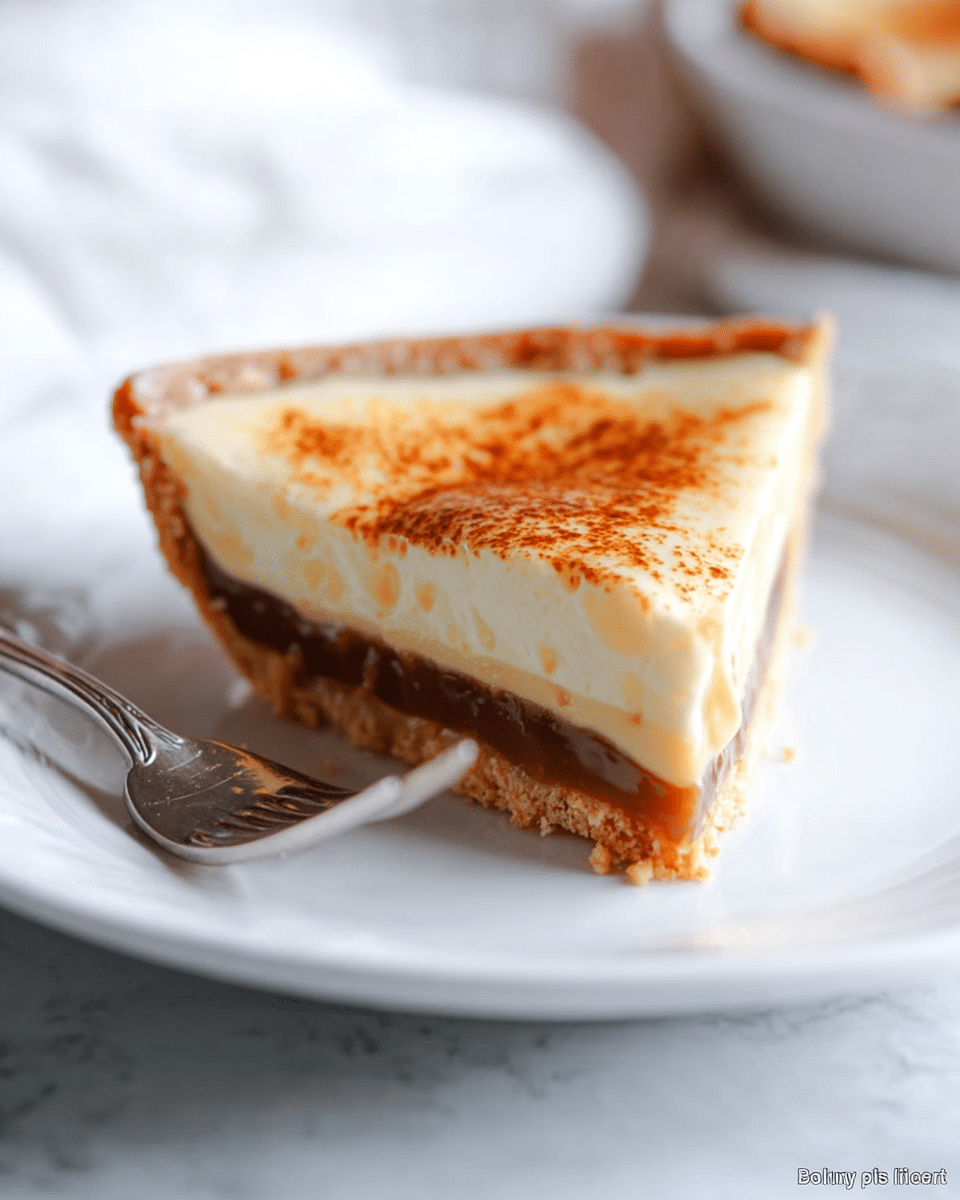 A slice of pie is shown on a white plate with a shiny silver fork beside it. The pie has three clear layers: a bottom thin crust layer in light brown, a middle smooth caramel layer in darker brown, and a thick creamy top layer in off-white with a golden brown toasted surface. The toasted top has uneven light and dark spots, giving it a slightly burnt look. The plate sits on a white marbled textured surface with a blurred red and brown cloth partially visible at the edge. photo taken with an iphone --ar 4:5 --v 7