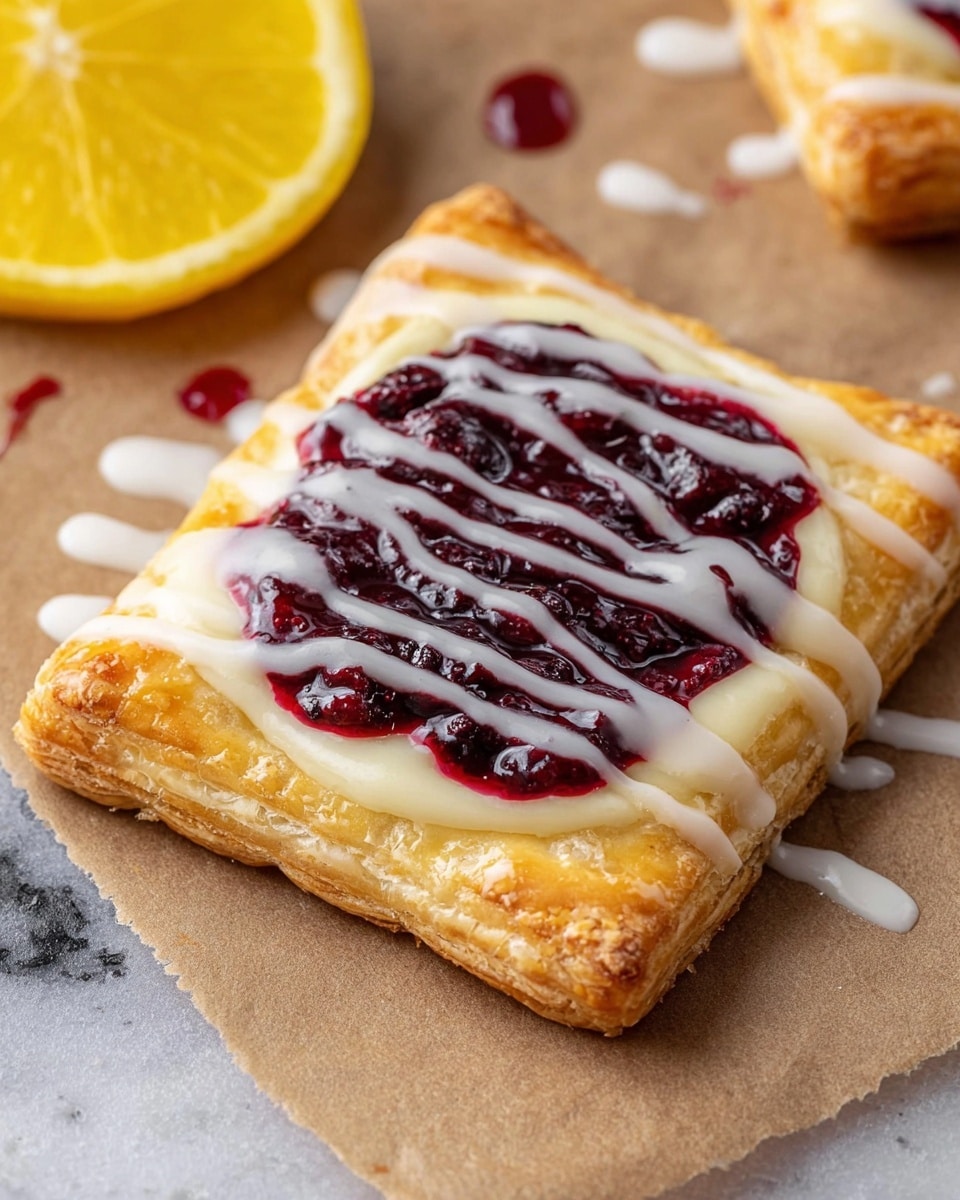 A rectangular pastry with three visible layers: the base is a golden-brown flaky crust with slightly raised edges, the middle is a creamy white layer with a smooth texture, and the top is a thick, chunky dark red berry filling spread mostly in the center, drizzled with white icing lines horizontally across the tart and some icing droplets around it. The pastry sits on brown parchment paper with a slice of bright orange fruit and a small red berry near the top right corner, all resting on a white marbled surface. Photo taken with an iphone --ar 4:5 --v 7