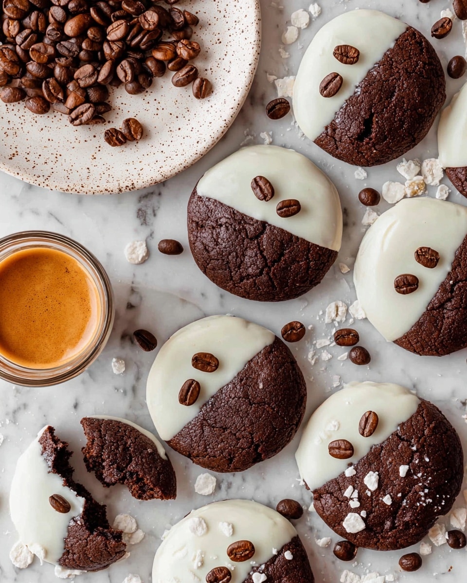 The image shows several round chocolate cookies, each half coated with smooth, white icing on the top side, with a cracked and soft texture revealing rich dark chocolate below. Some cookies are broken to show the moist inside. Dark brown coffee beans are scattered both on and around the cookies, adding a glossy contrast. In the lower left corner, a white speckled plate holds a small glass cup with rich espresso, surrounded by more coffee beans. The entire arrangement rests on a white marbled surface sprinkled with white chocolate shavings. photo taken with an iphone --ar 4:5 --v 7