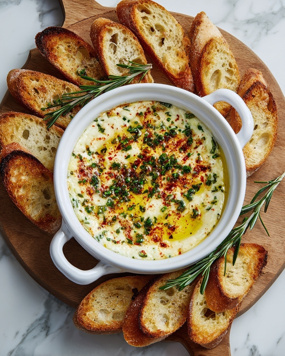 A rich and creamy white dip with a slightly rough texture fills a shallow white bowl with handles, swirled on top to create soft peaks and valleys. The dip is sprinkled with small green herb leaves and a light dusting of red spice, with a glistening golden oil pooling in the central swirl. The bowl is placed on a wooden board alongside several slices of toasted white bread, each with a crisp, golden-brown crust and soft porous interior. Some fresh green herb sprigs lie near the board’s edge, all set against a smooth white marbled surface. photo taken with an iphone --ar 4:5 --v 7