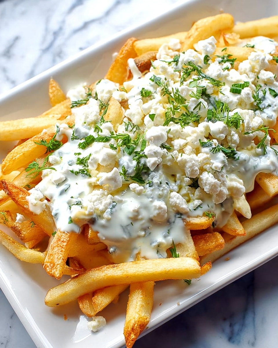A white rectangular plate filled with two layers of golden brown fries at the bottom, topped with a generous layer of thick white creamy sauce with a slightly chunky texture. On top of the sauce, there are small crumbles of white cheese scattered evenly alongside fresh green herb leaves and small sprigs, adding bits of leafy texture and vibrant green color. The plate is placed on a white marbled surface. photo taken with an iphone --ar 4:5 --v 7