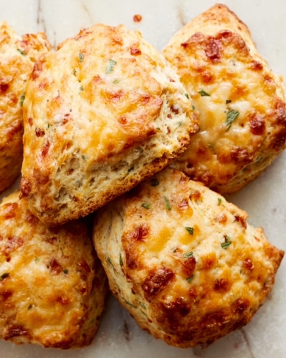 The image shows four golden-brown scones on a brown parchment paper over a white marbled surface. The scones have a rough, crumbly texture on top with a mix of white and light brown colors, with small bits of red and orange from ingredients like cheese or pepper visible inside. They look warm and freshly baked, with some green herbs sprinkled lightly on top, adding contrast to the golden color. photo taken with an iphone --ar 4:5 --v 7