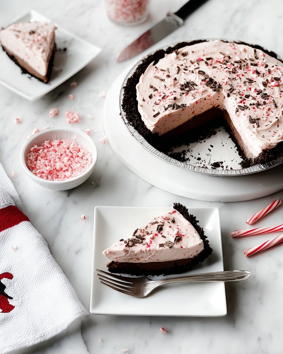 The image shows a dark chocolate pie with three layers: a dark brown crumbly crust at the bottom, a thick rich chocolate filling in the middle, and a fluffy light pink whipped topping sprinkled with small dark chocolate shavings and tiny red bits on top. The pie is set on a round white plate on a white marbled surface, with one slice removed and placed on a small square white plate to the left, and another slice on a small square white plate at the bottom right, each slice clearly showing the three layers. In the center is a small white bowl filled with crushed pink candy. The scene also includes two candy canes, a white cloth with a metallic pie server resting on it, and a silver fork next to the slice on the bottom right plate. photo taken with an iphone --ar 4:5 --v 7