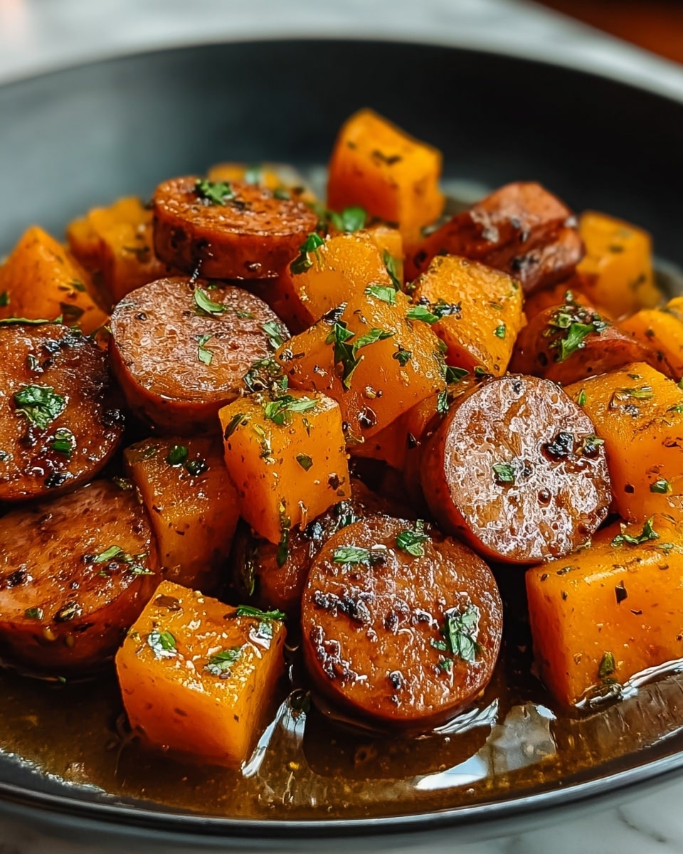 The image shows a close-up of cooked sausage slices and cubed butternut squash mixed together in a white plate. The sausage pieces are dark brown with a glossy, slightly crispy texture, while the butternut squash cubes are bright orange with a soft, roasted look. Both the sausage and squash are coated in a shiny glaze, and tiny green herb bits are scattered over the top, adding a fresh touch. The background is a white marbled texture. photo taken with an iphone --ar 4:5 --v 7