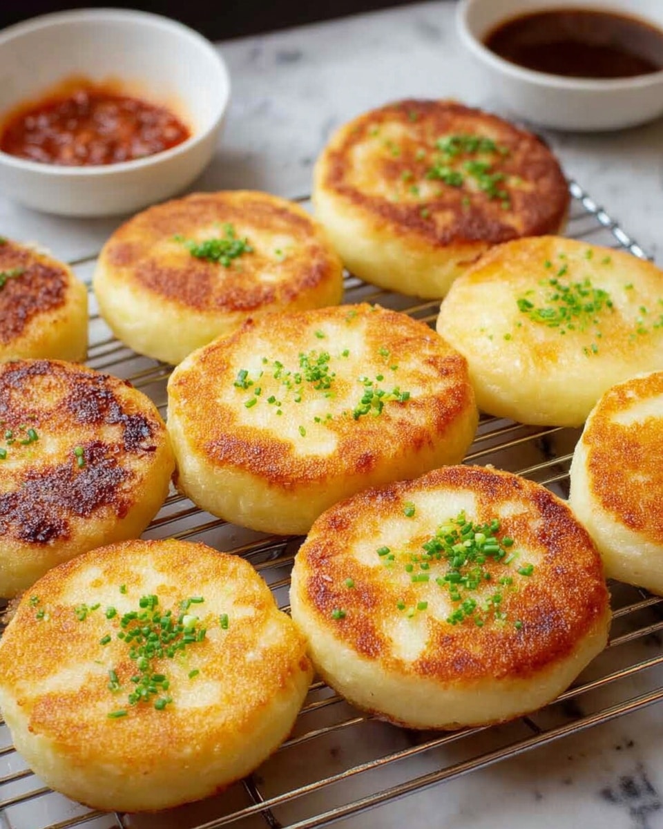 The image shows nine round, golden brown cakes with slightly uneven crispy tops arranged in a single layer on a metal cooling rack. Some of the cakes are sprinkled with small green chive pieces, adding a fresh contrast on the warm golden surface. The cakes are plump with a light, fluffy texture visible on the sides, which are a pale yellow color. In the background, two bowls are partially visible—one white bowl with a creamy pinkish dip and another larger dark bowl with a darker sauce inside, all placed on a white marbled textured surface. photo taken with an iphone --ar 4:5 --v 7