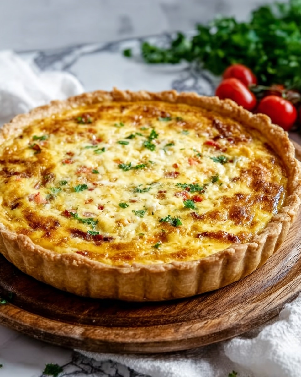 A golden-brown quiche with a slightly crispy crust sits on a round wooden board. The top layer is yellow and creamy with melted cheese and small green herb pieces scattered evenly. The crust edges are thick and flaky with a light brown color. The quiche is placed on a white marbled surface, with a small bunch of fresh green herbs and red cherry tomatoes blurred in the background. Photo taken with an iphone --ar 4:5 --v 7