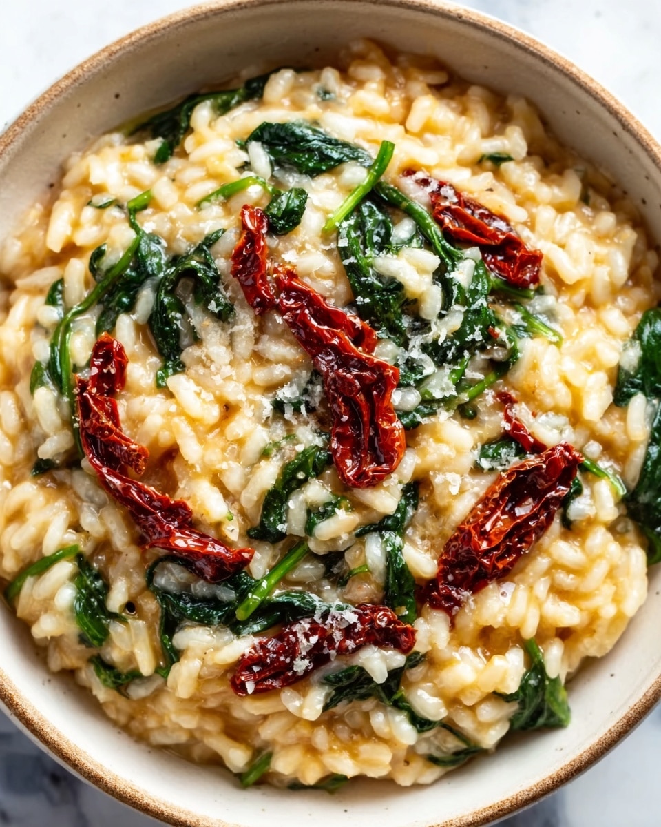 A close-up of a creamy risotto dish served in a white bowl with light speckles, placed on a white marbled surface. The risotto has a rich, golden-yellow color with visible grains of rice. On top, there are dark green spinach leaves scattered evenly, along with thin strips of deep red sun-dried tomatoes that add contrast. The texture looks smooth and slightly glossy, with tiny bits of grated cheese sprinkled over the greens and tomatoes. The photo taken with an iphone --ar 4:5 --v 7