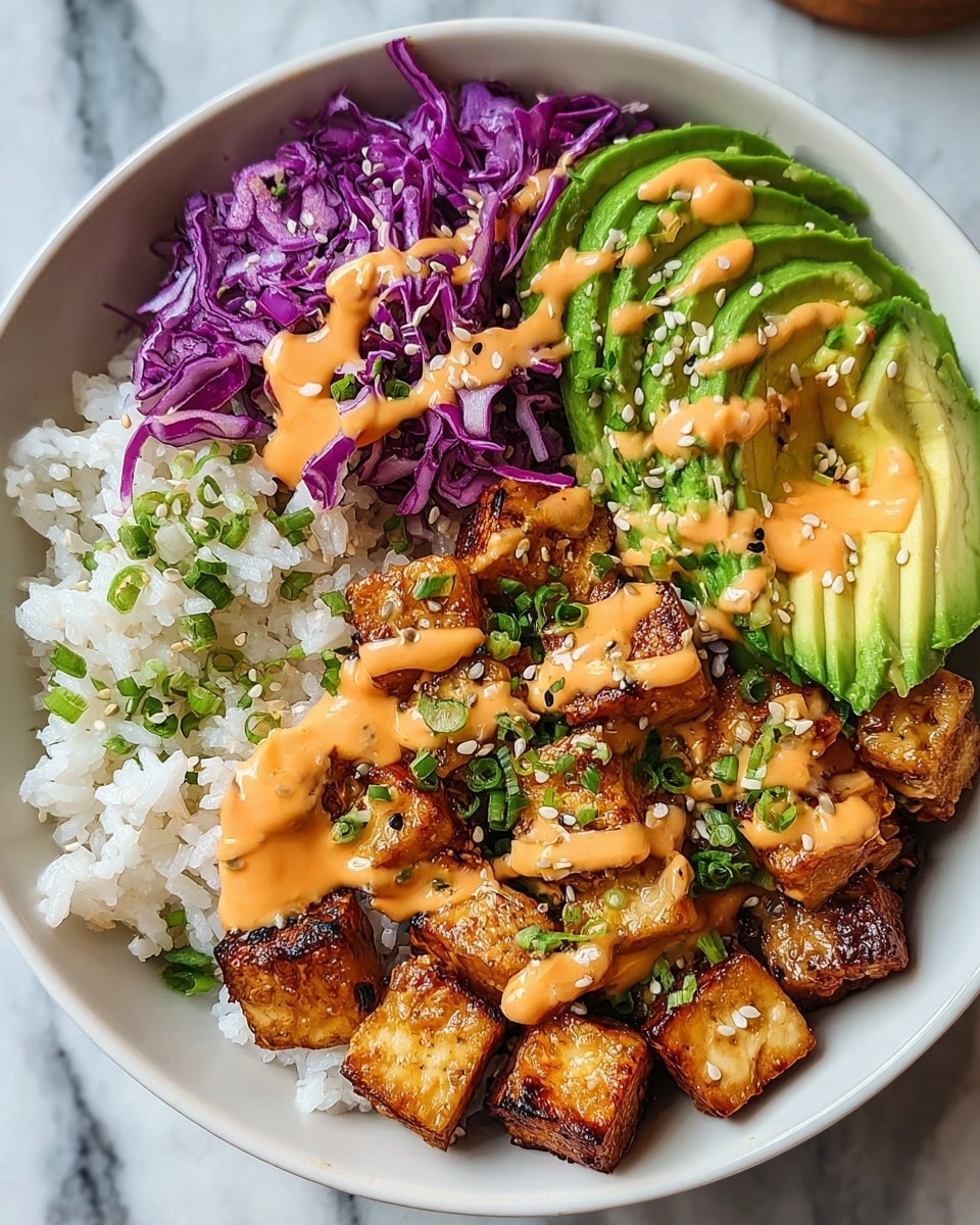 A bowl filled with four layers arranged side by side: the bottom left has white rice topped with chopped green onions, the top left has shredded bright purple cabbage, the top right shows sliced green avocado, and the center is covered with golden-brown grilled tofu cubes drizzled with orange creamy sauce. The tofu is sprinkled with black and white sesame seeds and small chopped green onions. The bowl is white speckled and placed on a white marbled surface. photo taken with an iphone --ar 4:5 --v 7