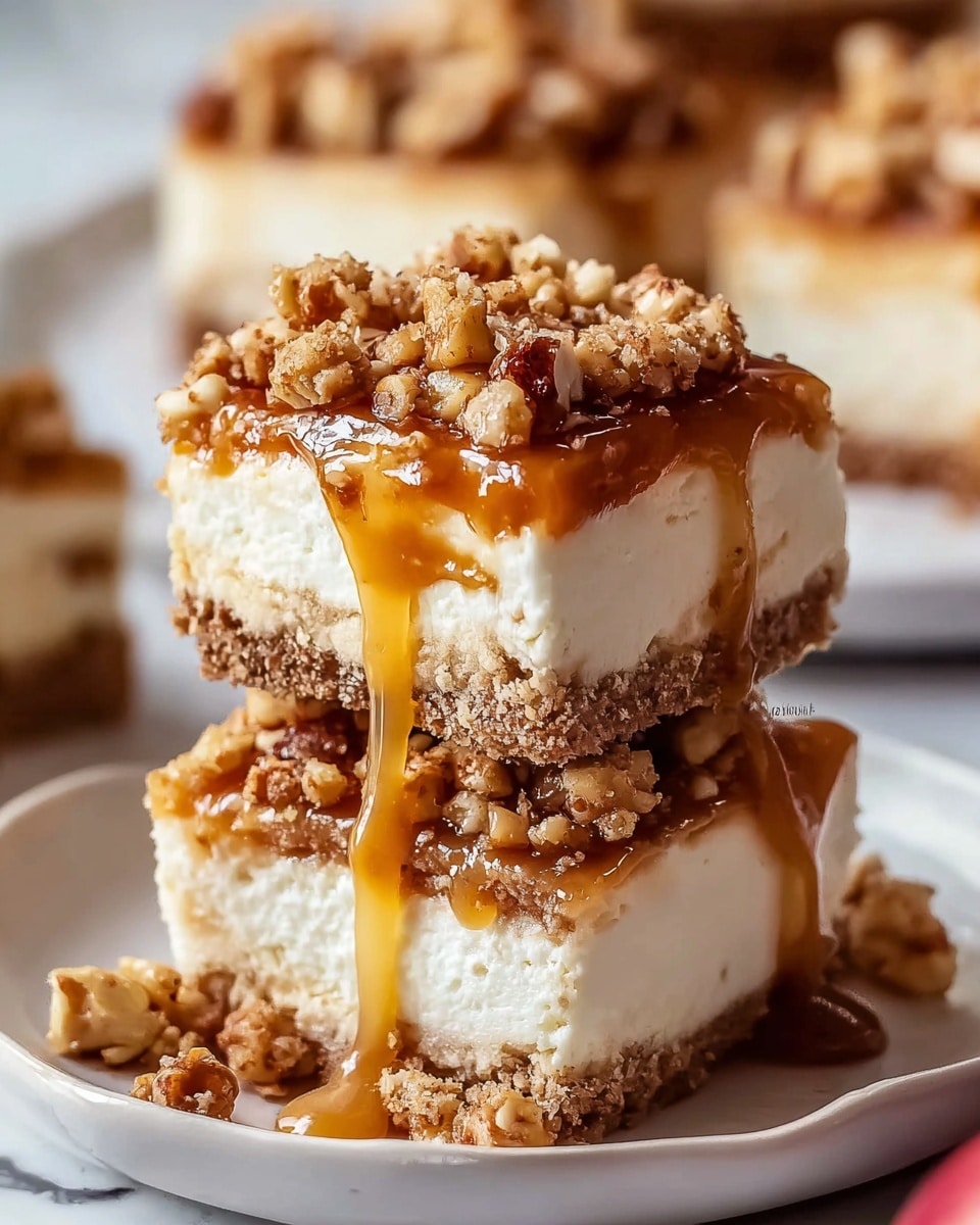 Two square pieces of dessert stacked on a white plate, each with three layers: a bottom crumbly brown crust, a thick creamy off-white middle layer, and a crunchy topping made of small chopped nuts and crumbs. A shiny caramel sauce is drizzled generously over the top and sides, adding a warm golden color that contrasts with the creamy layer, with some caramel pooling on the plate. In the background, more pieces of the dessert are visible on a white marbled surface. photo taken with an iphone --ar 4:5 --v 7
