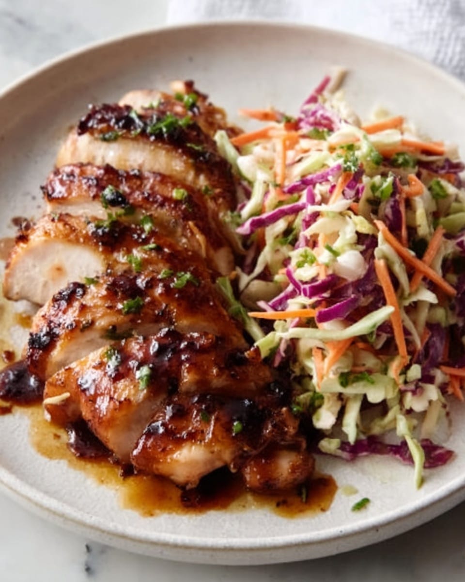 A white plate holds a sliced grilled chicken breast on the left side, showing juicy, tender layers inside with a shiny, dark brown glaze on top. The chicken is sprinkled with chopped green herbs and small seeds. On the right side of the plate, there is a colorful coleslaw made of shredded purple and green cabbage, thin orange carrot strips, and small pieces of apple mixed together, creating a fresh and crunchy texture. The plate sits on a white marbled surface. Photo taken with an iphone --ar 4:5 --v 7