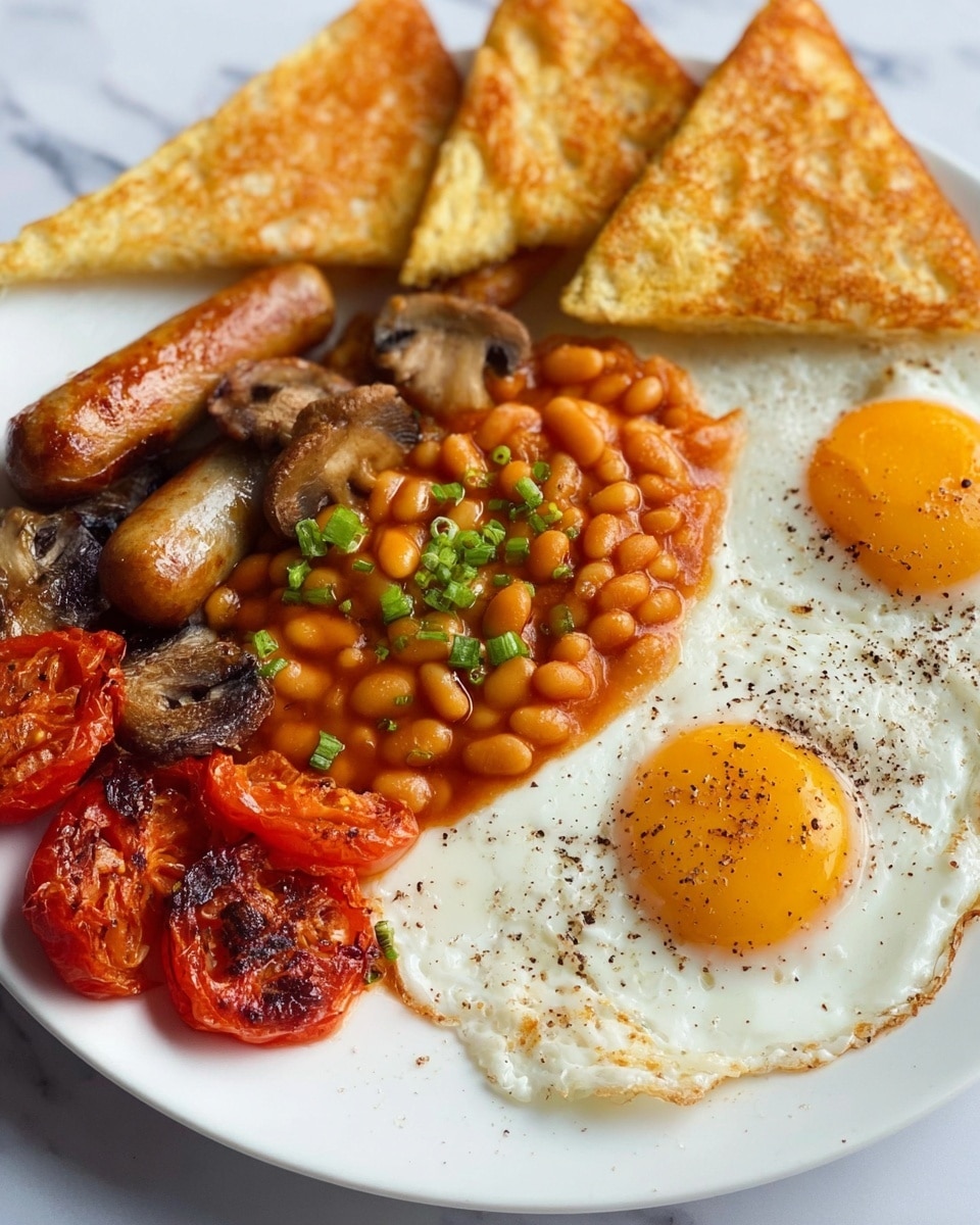A white plate holds a full English breakfast with several layers of food arranged in sections. On the top left are two golden brown sausages with a slight char, next to three browned mushrooms with a soft texture. Below the mushrooms are two slices of grilled red tomatoes with a juicy and slightly burnt surface. In the middle, there is a heap of baked beans in a rich orange sauce, topped with chopped fresh green herbs. To the right of the beans are two bright yellow fried eggs with firm white edges, sprinkled with black pepper. At the bottom right, three triangular slices of golden toasted bread sit overlapping each other. The plate is set on a white marbled surface. photo taken with an iphone --ar 4:5 --v 7