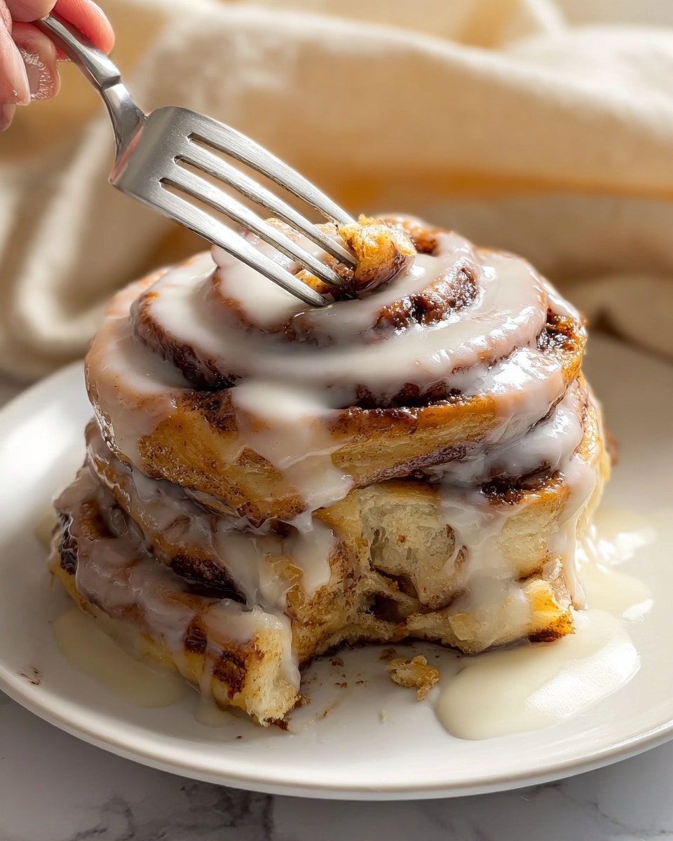 A stack of thick cinnamon rolls sits on a white plate with a white marbled texture underneath, showing five visible layers of soft, golden brown dough with dark cinnamon swirls inside each layer. The rolls are generously covered in a glossy white glaze that drips down the sides, pooling slightly on the plate. A woman's hand holds a fork that is inserted into the top, lifting a soft, gooey piece from the rolls. The cinnamon swirls and glaze create a marbled pattern on the surface, with textures that look soft and sticky. Photo taken with an iphone --ar 4:5 --v 7