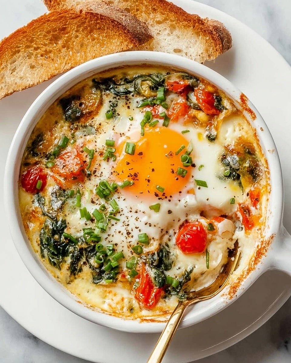 A white round ceramic dish shows a baked egg dish with one sunny side up egg in the center, its bright orange yolk surrounded by soft white. Around the egg are layers of cooked leafy greens, wilted spinach, and chunks of red tomatoes, mixed in a creamy, slightly browned cheese sauce with a speckled texture. Chopped green onions are sprinkled on top adding a fresh green color. There is a gold spoon partially dipped into the dish on the right side. The dish is set on a white plate with toasted slices of bread resting at the top left and bottom edges. The whole setup is on a white marbled surface. photo taken with an iphone --ar 4:5 --v 7