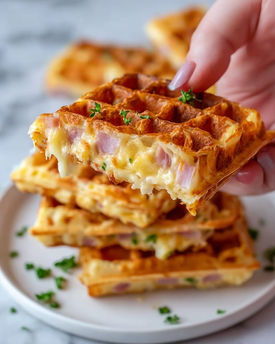 A close-up image shows a woman's hand holding a golden-brown waffle piece with visible squares filled with melted cheese and bits of ham inside the waffle. The waffle has a crispy texture with slightly browned edges and small green herb pieces on top. In the background, there are more waffle pieces stacked on a white plate with a few green herbs scattered around, all set against a white marbled surface. photo taken with an iphone --ar 4:5 --v 7