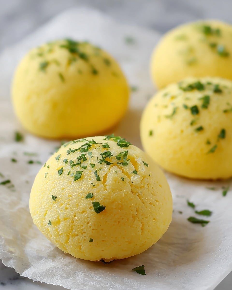 The image shows four small, round yellow balls with a soft and slightly porous texture, similar to a light sponge or whipped butter. Each ball is sprinkled with small pieces of green herbs on top, adding a pop of color and freshness. The balls rest on white parchment paper which is placed on a white marbled surface. In the background, a navy blue and white striped cloth can be seen blurred out, giving a cozy kitchen feel. Photo taken with an iphone --ar 4:5 --v 7