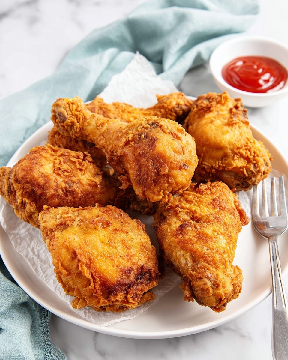 The image shows six pieces of golden brown fried chicken with a crispy and slightly uneven textured coating, arranged closely on a white plate lined with white paper. The fried chicken pieces include a mix of drumsticks and thighs, with the crispy crust showing some darker browned spots indicating crunchiness. Behind the plate, there is a small white bowl filled with red ketchup. The background is a white marbled surface with a pale blue cloth softly draped to one side, and a silver fork partially visible at the edge of the frame. photo taken with an iphone --ar 4:5 --v 7