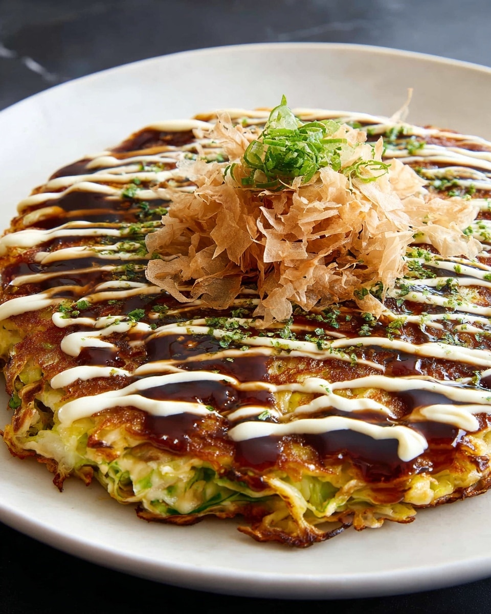 A flat, round okonomiyaki pancake sits on a white plate, its base layer made of cooked cabbage and light brown batter with a slightly crispy texture on the edges. The top is covered with dark brown okonomiyaki sauce and creamy off-white mayonnaise, both drizzled in alternating stripes across the surface. At the center, there is a small mound of light, thin, and wavy bonito flakes topped with bright green sliced scallions. The pancake has a mix of green, light beige, and brown colors with a glossy sauce finish. The whole dish rests on a white marbled surface. photo taken with an iphone --ar 4:5 --v 7