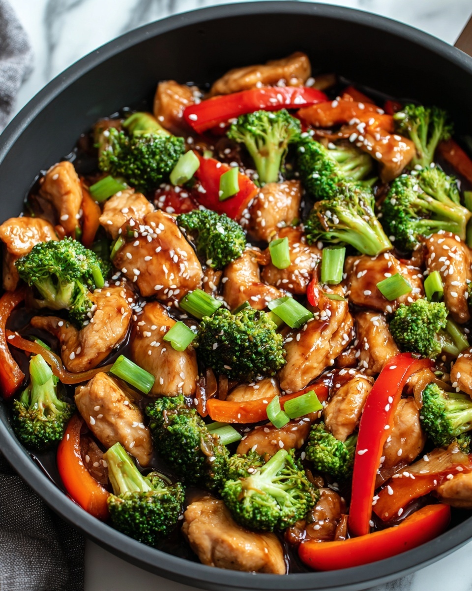 A close-up view of a black pan filled with a colorful stir-fry dish featuring three main layers: the base layer is dark, glossy sauce coating everything; next, there are bright green broccoli florets and long, curved red bell pepper slices scattered evenly; on top, golden-brown chicken chunks are arranged with a shiny, slightly caramelized surface. The dish is garnished with sprinkled small white sesame seeds and finely chopped green onions, creating little bursts of color and texture all around. The pan sits on a white marbled surface with a soft, neutral-colored fabric partially visible on the side. photo taken with an iphone --ar 4:5 --v 7