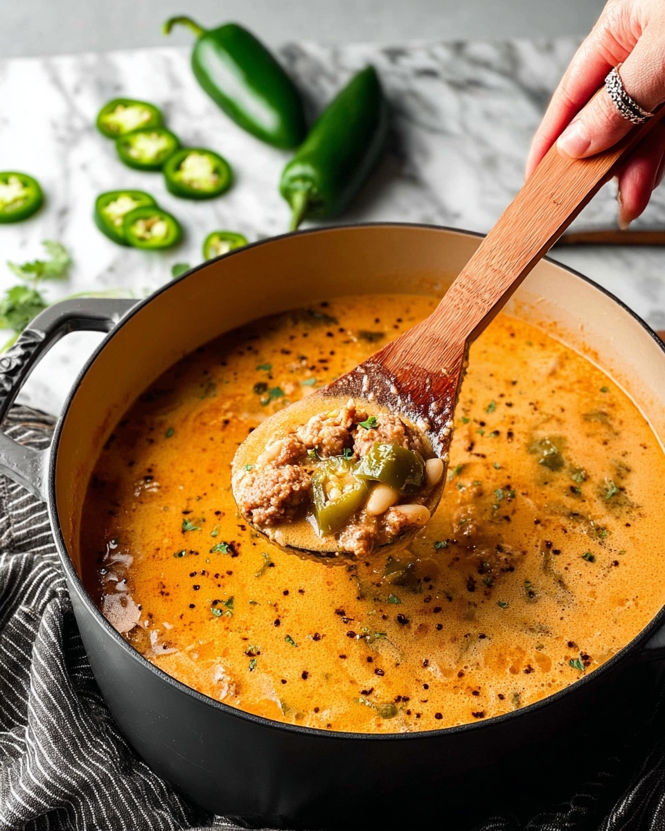 A close-up view of a large black pot with a white inside, filled with creamy orange soup thick with visible pieces of white beans, slices of sausage, and bits of green pepper. A woman's hand holds a wooden spatula with a black fleur-de-lis symbol, lifting a spoonful of the soup that shows layers of white beans, round sausage slices with a brown outer edge, and green pepper pieces coated in the smooth, slightly speckled broth. Around the pot, slices of green jalapeño peppers and two whole jalapeños rest on a white marbled surface, with a striped white and black cloth napkin beside it. The soup has a lightly speckled surface with black pepper creating texture in the creamy orange base. Photo taken with an iphone --ar 4:5 --v 7