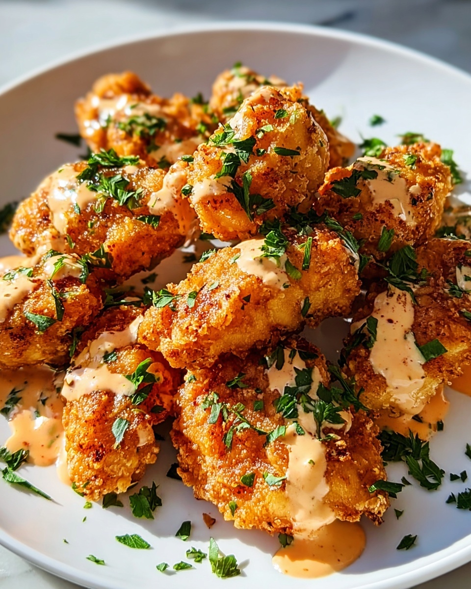 A white plate holds a pile of crispy golden-brown fried cauliflower pieces with a rough textured crust, each piece generously drizzled with a creamy orange sauce speckled with red chili flakes. The cauliflower is sprinkled with chopped fresh green parsley leaves, adding a pop of color. The sauce pools slightly on the white plate beneath the cauliflower, creating a glossy contrast to the crunchy texture above. The photo is close-up, showing the details of the coating and the sauce. The background is softly blurred with a white marbled texture visible. photo taken with an iphone --ar 4:5 --v 7