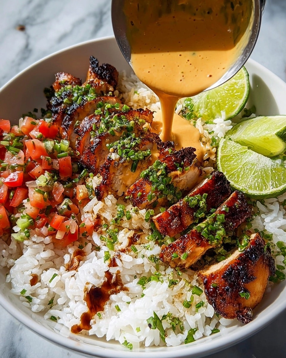 A white bowl filled with three main layers is shown. The bottom layer is white rice with a soft, fluffy texture covering the whole base. On top, there is a row of grilled chicken slices, dark brown with charred edges and a shiny glaze, arranged diagonally across the rice. The chicken is sprinkled with fresh green chopped herbs. Near the chicken, there is a small pile of finely diced red and orange tomatoes with green onions, adding a fresh, colorful touch. To the side of the chicken, there are two lime wedges, one slightly larger, with a bright green color. A small metal cup with creamy beige sauce, speckled with herbs, is being poured into the bowl, adding texture and motion. The bowl sits on a white marbled surface. Photo taken with an iphone --ar 4:5 --v 7