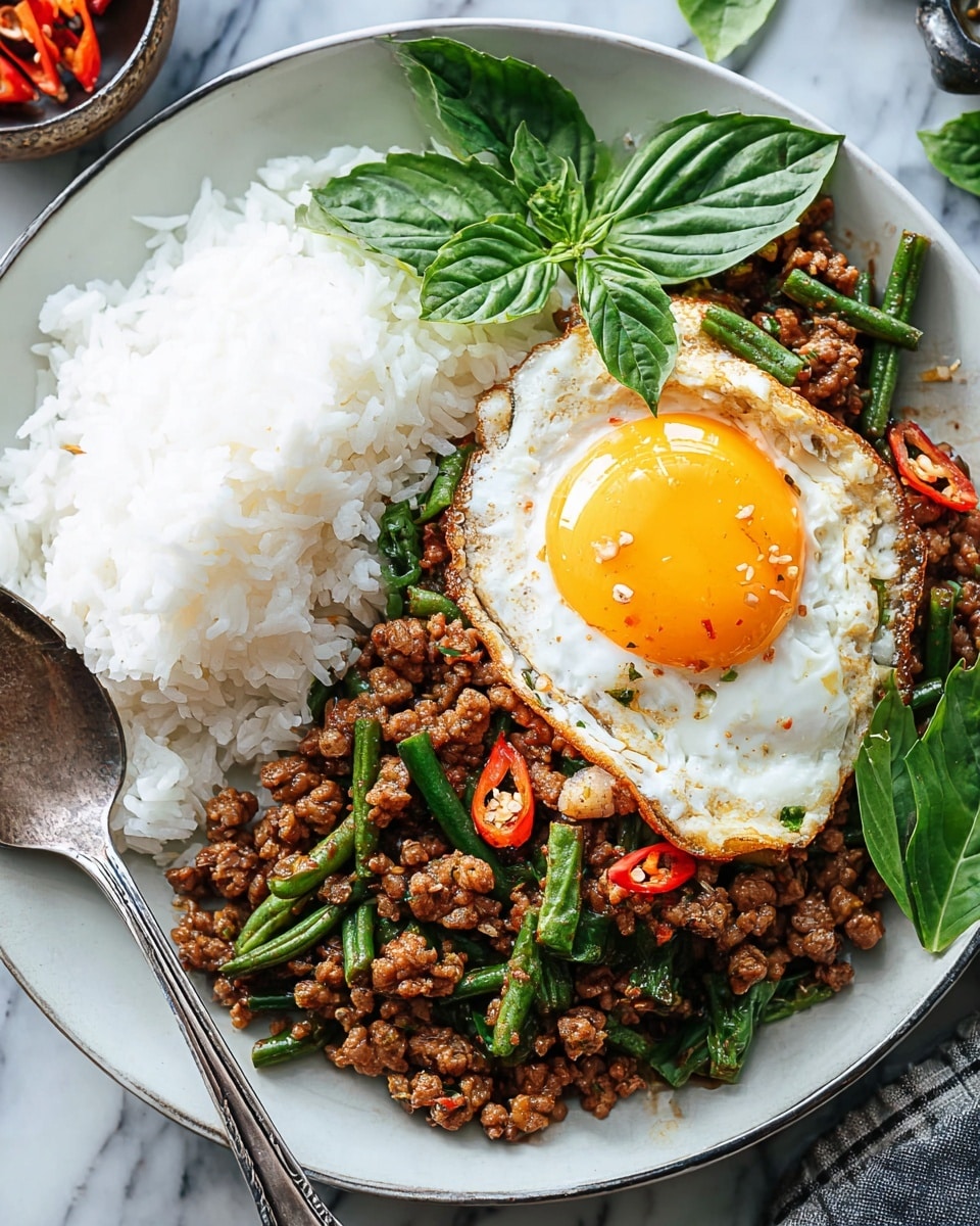 The dish is presented in a single deep white bowl with a rough textured edge. The bottom layer is fluffy white rice, covering about half the bowl's base. On top of and beside the rice is a stir-fry mix of browned ground meat, small chunks of sautéed onions, chopped green beans, dark green leafy herbs, and small red chili slices, creating a mix of brown, green, and red colors with a slightly glossy texture. Sitting on the stir-fry is a single fried egg, with a bright yellow yolk in the center and a white cooked edge that is slightly bubbly and crisped. Fresh green basil leaves are placed around the edges of the stir-fry, adding a touch of greenery to the dish. A metal spoon rests on the rice, partially inserted into the bowl. The whole setup is on a soft white marbled surface. photo taken with an iphone --ar 4:5 --v 7