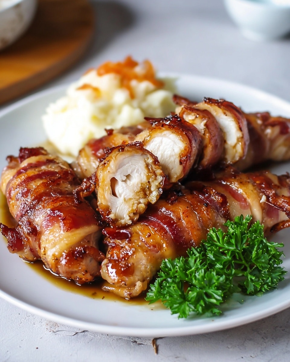 The dish shows three pieces of grilled chicken wrapped in crispy bacon, arranged on a round white plate. The top piece is sliced into thick sections, exposing the tender white meat inside, while the bacon outside is golden brown with darker, grilled spots and a shiny glaze. Underneath, the two whole wrapped pieces have a similar crispy bacon look with deep reddish-brown patches and charred edges. On the plate's right side, there is a light heap of pale mashed potatoes with a few small green herb pieces on top. Bright green parsley sprigs are placed nearby for garnish. The plate rests on a white marbled surface. Photo taken with an iphone --ar 4:5 --v 7