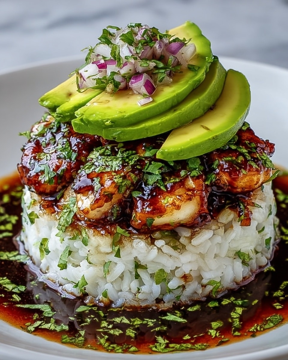 A neatly stacked dish on a white plate shows three main layers. The bottom layer is a round mound of white rice mixed with chopped green herbs, sitting in a pool of dark brown sauce that lightly seeps around the edges. On top of the rice are two layers of glazed, golden-brown grilled chicken pieces with a shiny, sticky texture. The top layer consists of two thick slices of fresh avocado with a bright green color, crowned with small diced red onions and finely chopped green herbs. There is also a lime wedge placed near the rice on the plate. The surface beneath is a white marbled texture. Photo taken with an iphone --ar 4:5 --v 7