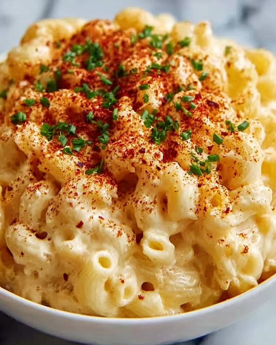 The image shows a close-up of a creamy macaroni and cheese dish in a white bowl, filled with small tube-shaped macaroni coated in a smooth, pale yellow cheese sauce. On top, there is a sprinkling of reddish-brown seasoning and small pieces of green herbs, likely chives, adding color contrast. The dish looks rich and soft, with the cheese sauce slightly glossy and clinging to the pasta. The background surface is a white marbled texture. photo taken with an iphone --ar 4:5 --v 7