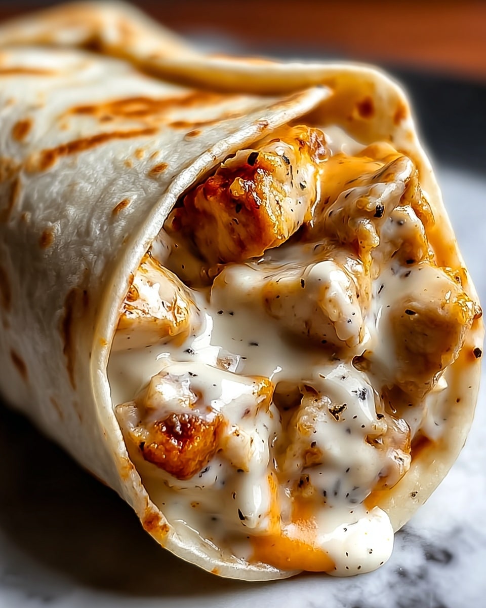 A close-up of a wrap cut open to show its filling, consisting of three layers of small, browned chicken pieces covered in creamy, white sauce with visible black pepper specks. The chicken looks juicy and tender with a slightly crispy outside. The wrap itself is light golden-brown, thin, and soft, with some toasted spots on the edges, tightly holding the filling. The background is a white marbled texture with subtle reflections. photo taken with an iphone --ar 4:5 --v 7