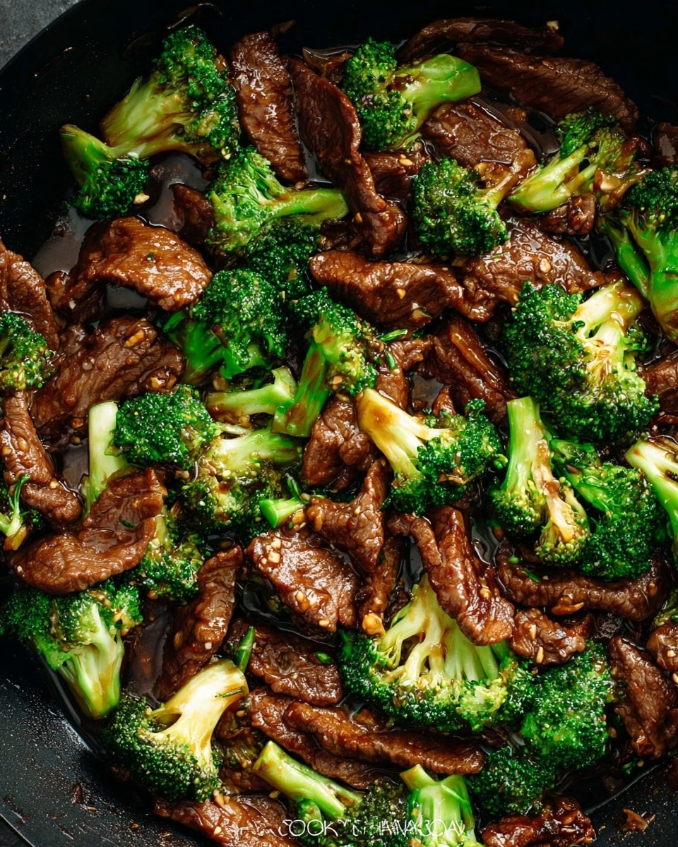 The image shows a close-up of a black pan filled with a beef and broccoli stir-fry. The dish has several layers: thick pieces of dark brown, cooked beef with a glossy look cover most of the pan, scattered with bright green broccoli florets, some cut to show their light green stems. The beef and broccoli are coated in a rich, glossy, dark brown sauce with visible tiny bits of garlic or ginger throughout. The pan is placed on a white marbled surface. photo taken with an iphone --ar 4:5 --v 7