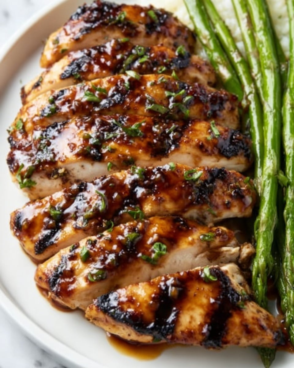 The image shows a close-up of a grilled chicken breast sliced into about seven thick pieces arranged in a slightly overlapping row on a white plate. The chicken has a golden brown color with dark grill marks across the top, giving a textured look. Small green herbs are sprinkled over the chicken, adding a fresh touch. On one side of the plate, there are several green beans, their bright green color contrasting with the chicken. The plate sits on a white marbled surface. photo taken with an iphone --ar 4:5 --v 7