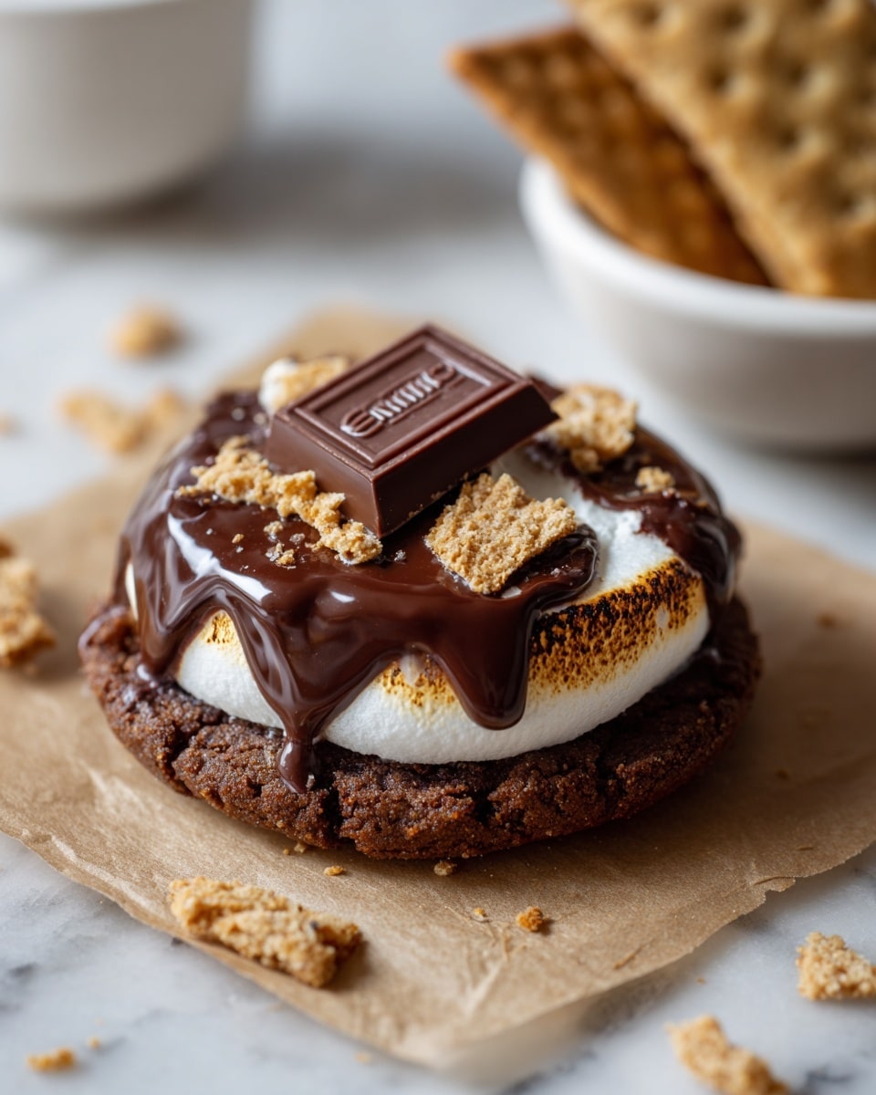 A single dark chocolate cookie sits on crumpled light brown parchment paper, with a thick, chewy texture and deep cracks on the surface. The cookie has a partially melted white marshmallow layer stretching across its middle, blending into rich, gooey melted dark chocolate. A small square of dark chocolate is placed on top left of the marshmallow, slightly embedded in the cookie, while some broken pieces of golden graham cracker are scattered around the marshmallow and cookie edges. Smears of melted chocolate and marshmallow are visible on the parchment near the cookie. The corner of a white bowl filled with graham crackers is seen on the right side, all set against a white marbled texture. photo taken with an iphone --ar 4:5 --v 7